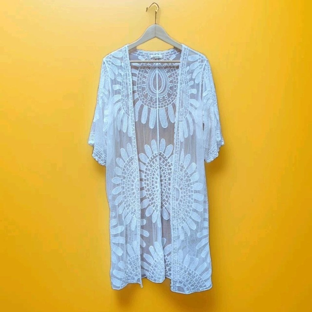 Rebellion Design Ivory Mesh w/ Floral Embroidery Open Front Duster M